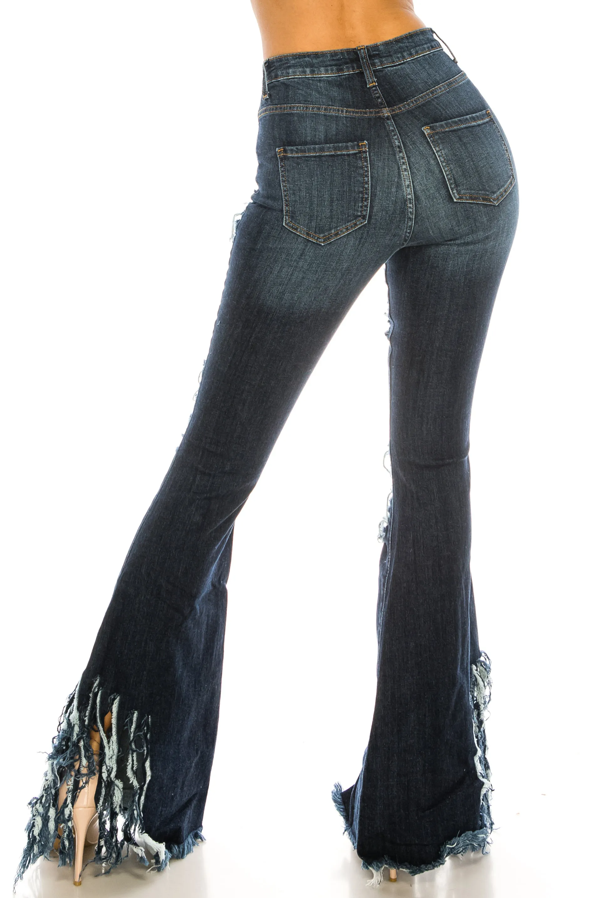 2049 Women's High Waisted Destroyed Raw Hem Frayed Flare Jeans