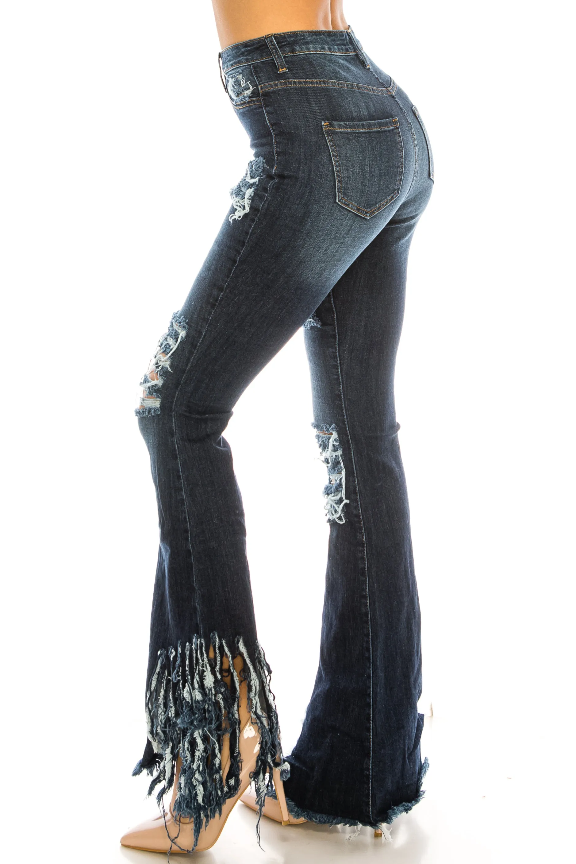 2049 Women's High Waisted Destroyed Raw Hem Frayed Flare Jeans