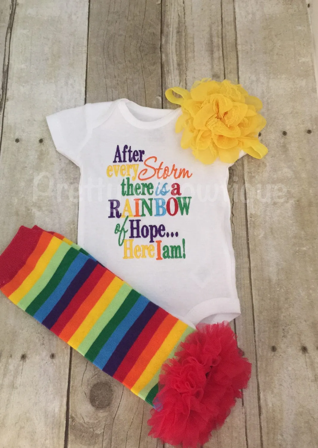 After every storm there is a rainbow of hope... Here i am! Bodysuit or shirt and matching ruffle leg-warmers, and headband