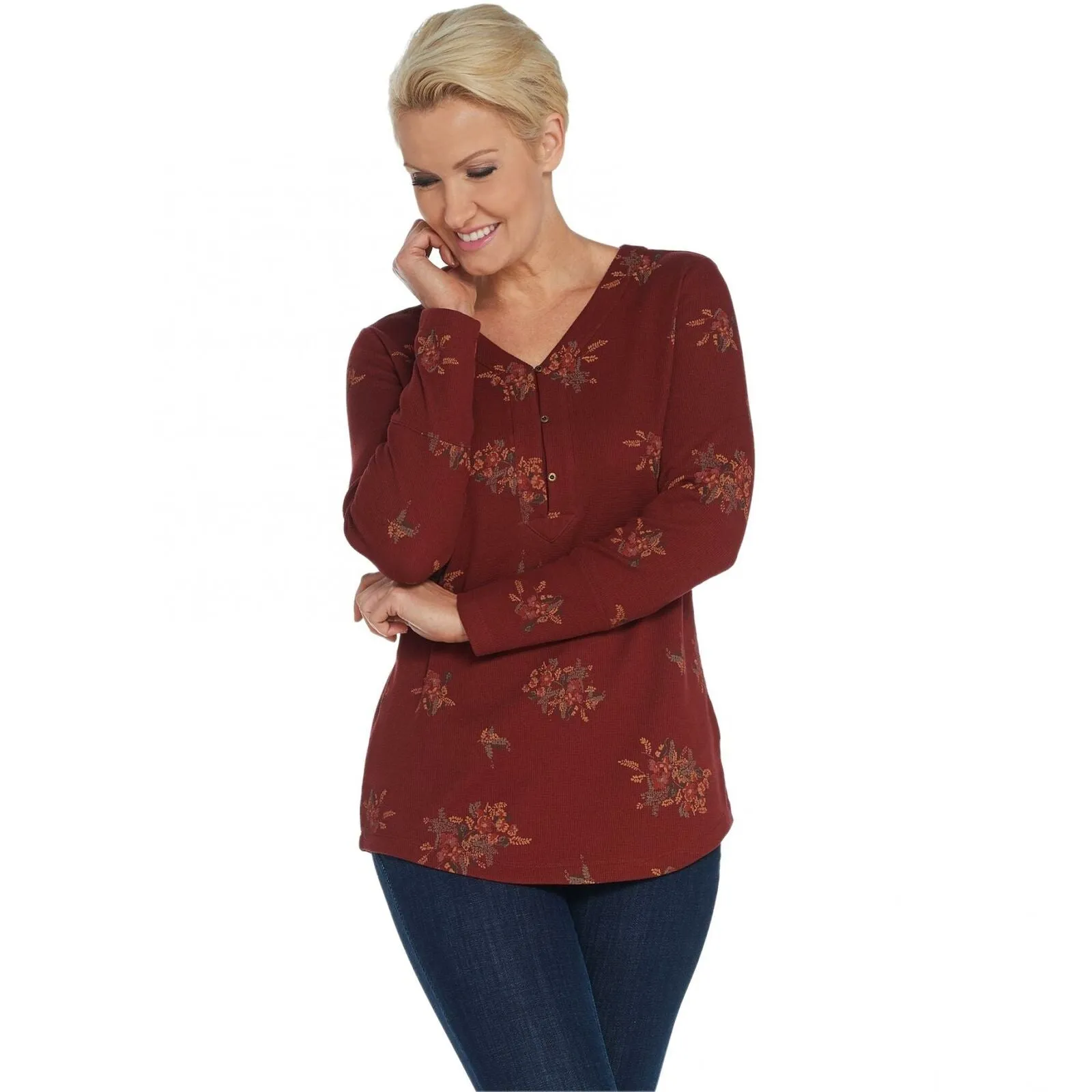 Denim & Co. Women's V-Neck Printed Waffle Knit Henley Shirt
