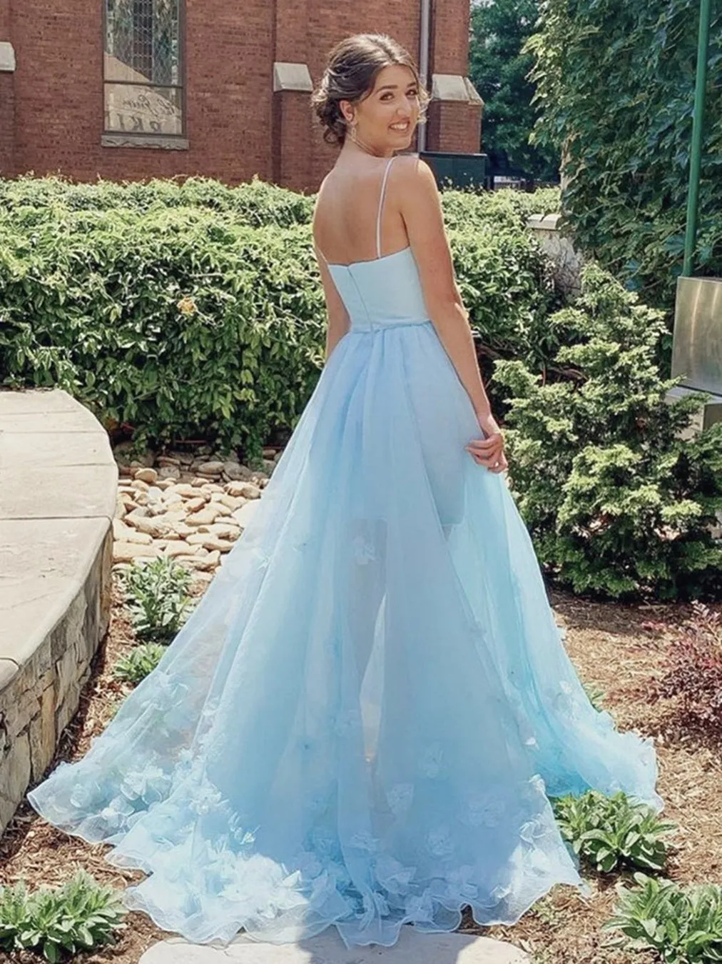 High Low Light Blue Floral Long Prom, High Low Blue Formal Evening