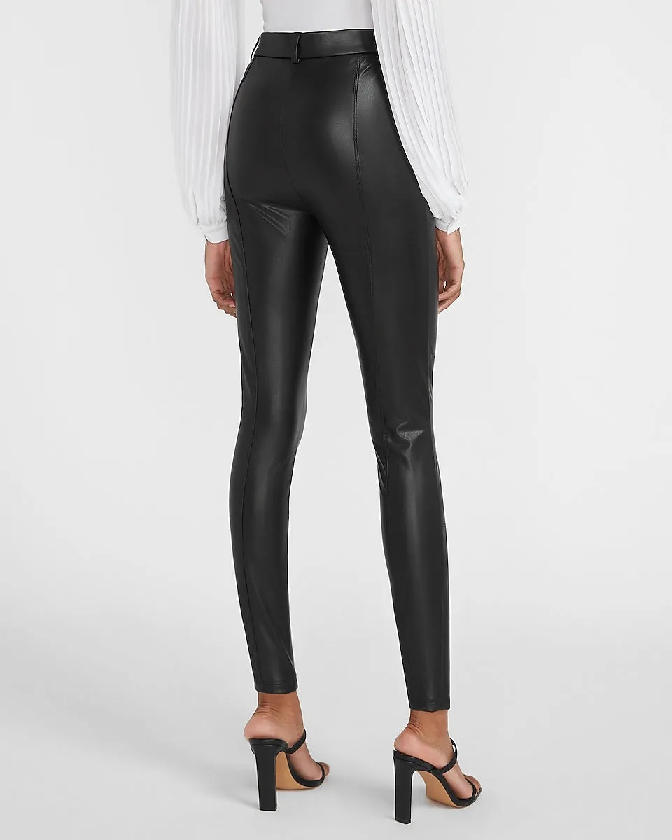 High Waisted Vegan Leather Zip Front Leggings in Pitch Black
