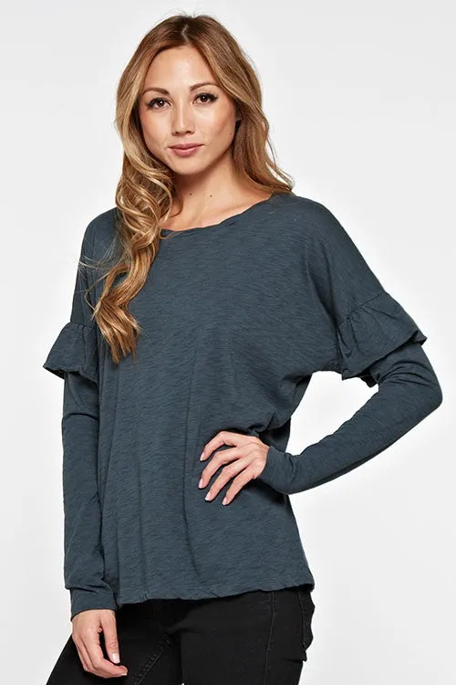 Long Sleeve Ruffled Knit Pullover Top