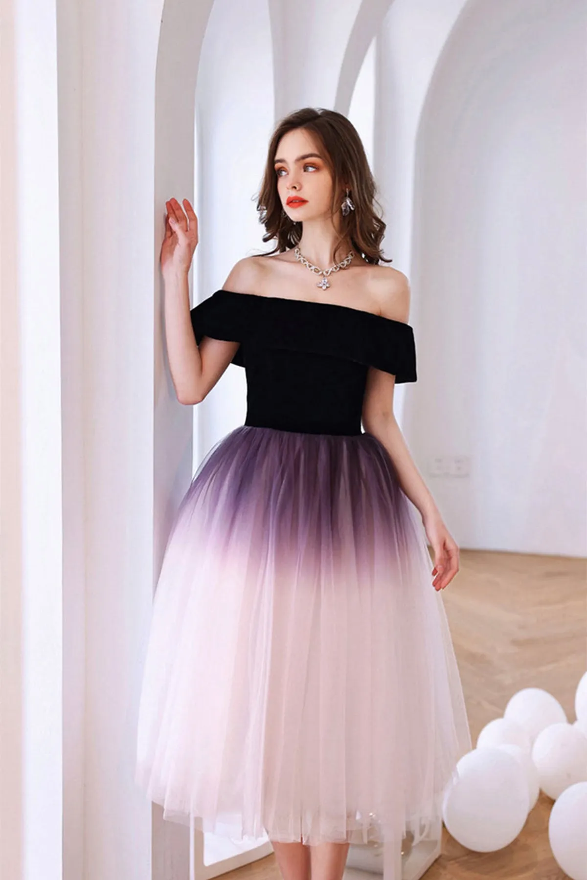 Off Shoulder Ombre Tulle Short Prom Homecoming Dress, Ombre Formal Graduation Evening Dress A1627