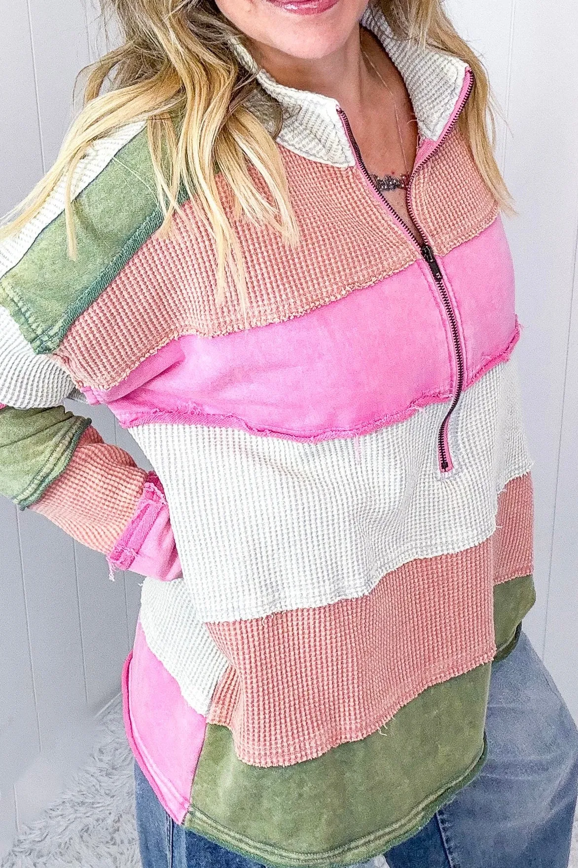 Right On Color Block Striped Half Zip Pullover with Pockets