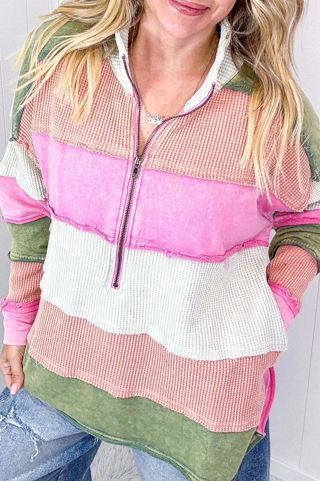 Right On Color Block Striped Half Zip Pullover with Pockets