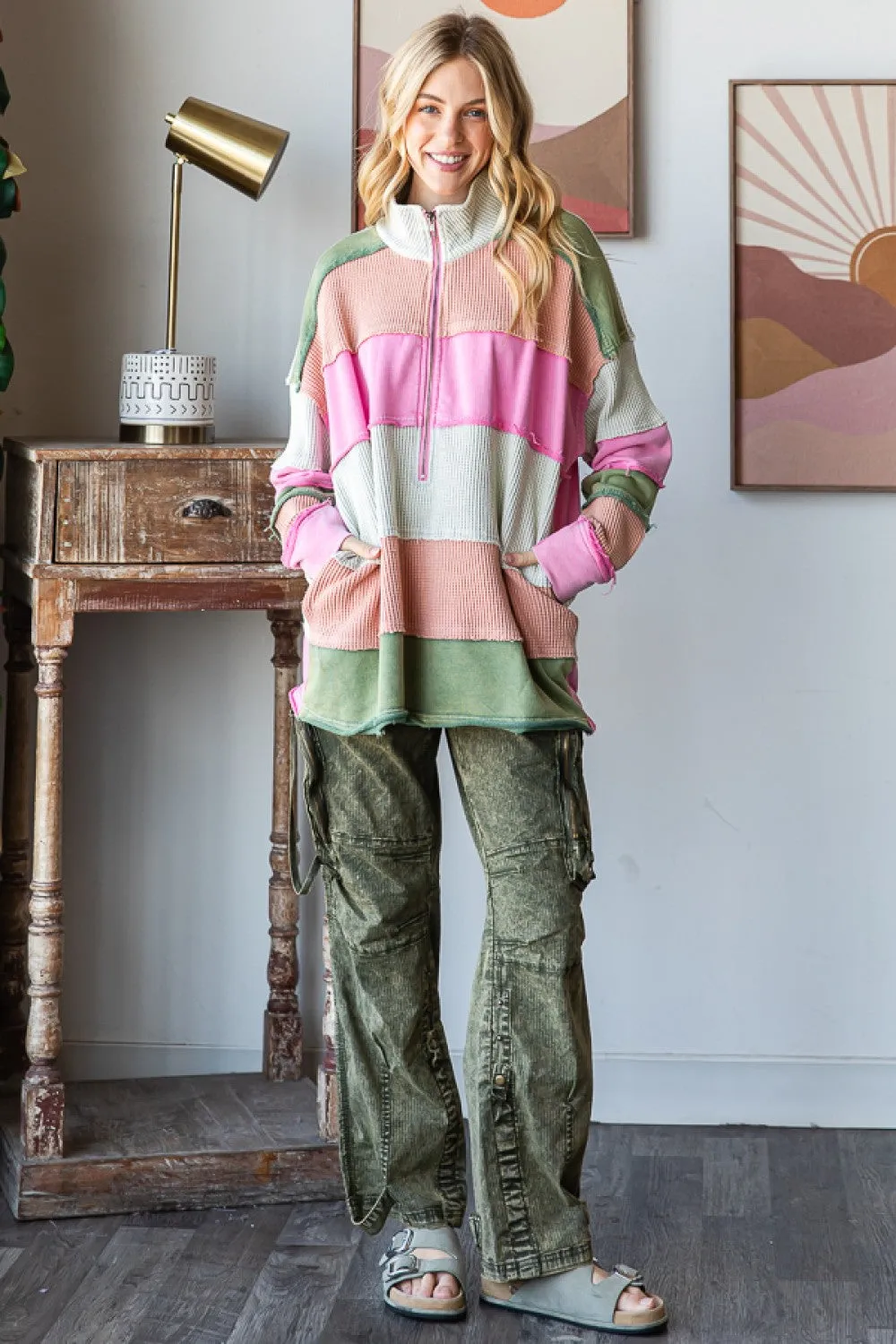 Right On Color Block Striped Half Zip Pullover with Pockets