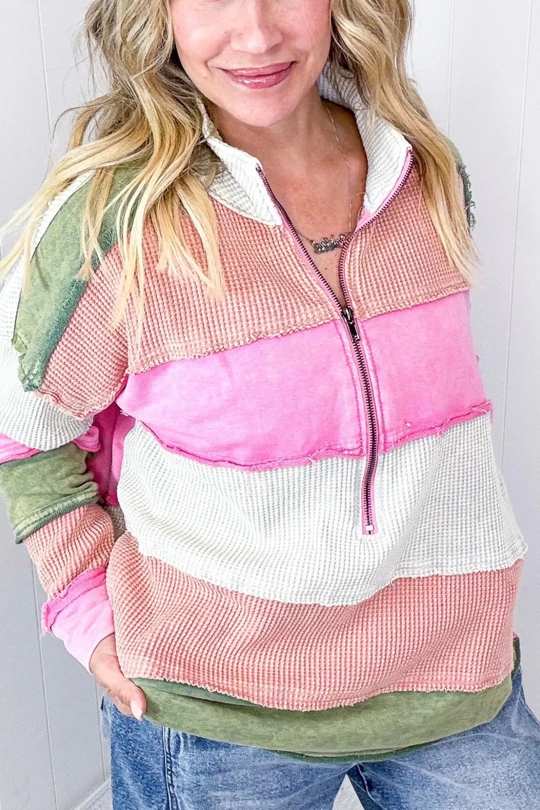 Right On Color Block Striped Half Zip Pullover with Pockets