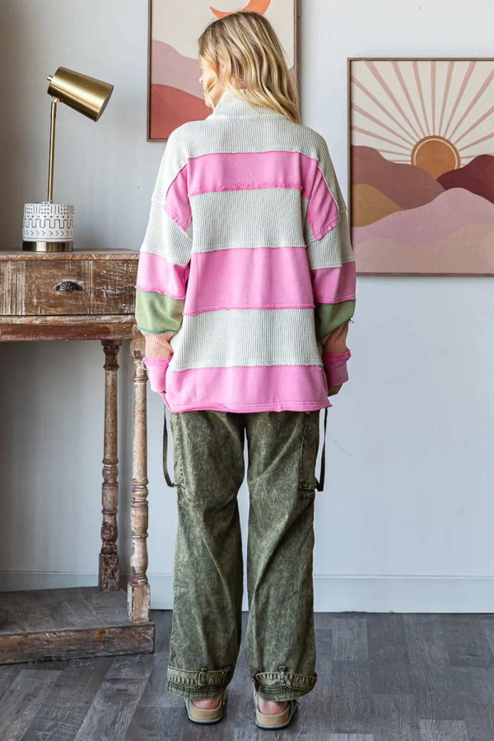 Right On Color Block Striped Half Zip Pullover with Pockets