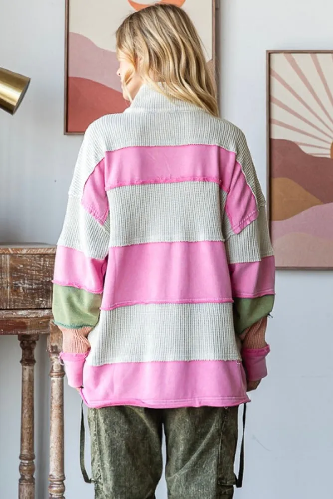 Right On Color Block Striped Half Zip Pullover with Pockets