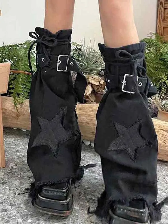 Star Embroidery Lace Up Flare Leg Warmer