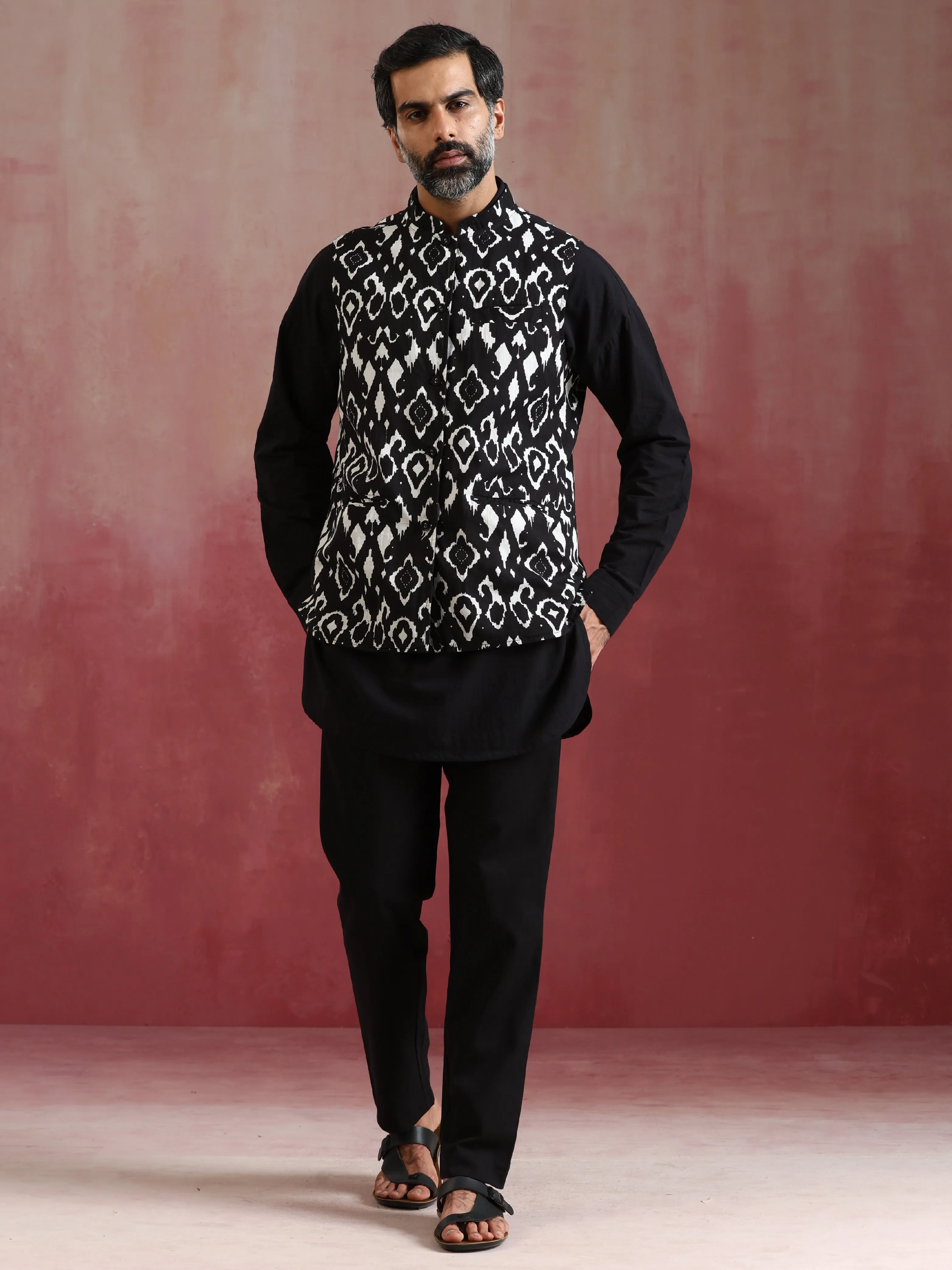 trueBrowns Men's Black Ikat Reversible Nehru Jacket