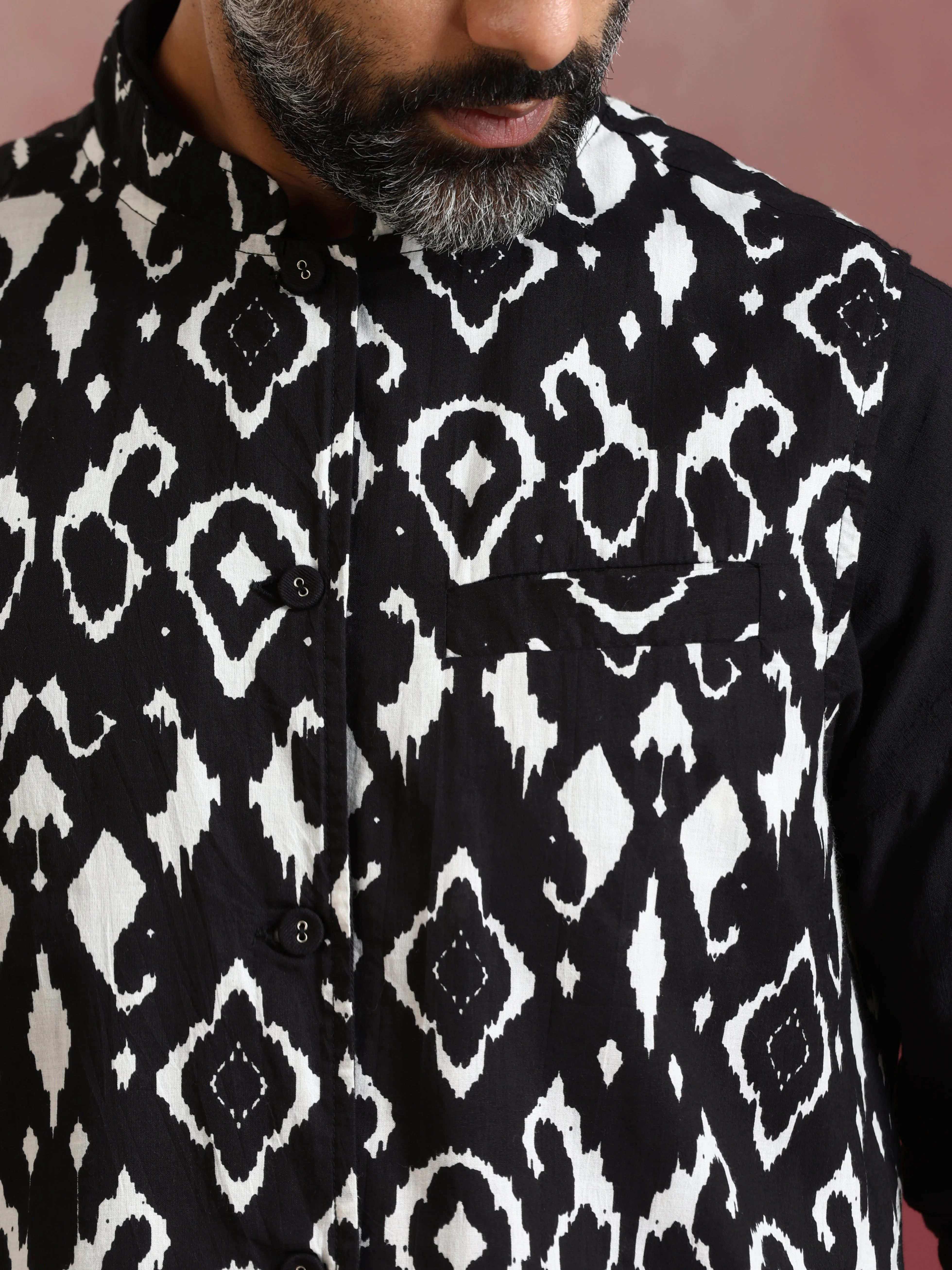 trueBrowns Men's Black Ikat Reversible Nehru Jacket
