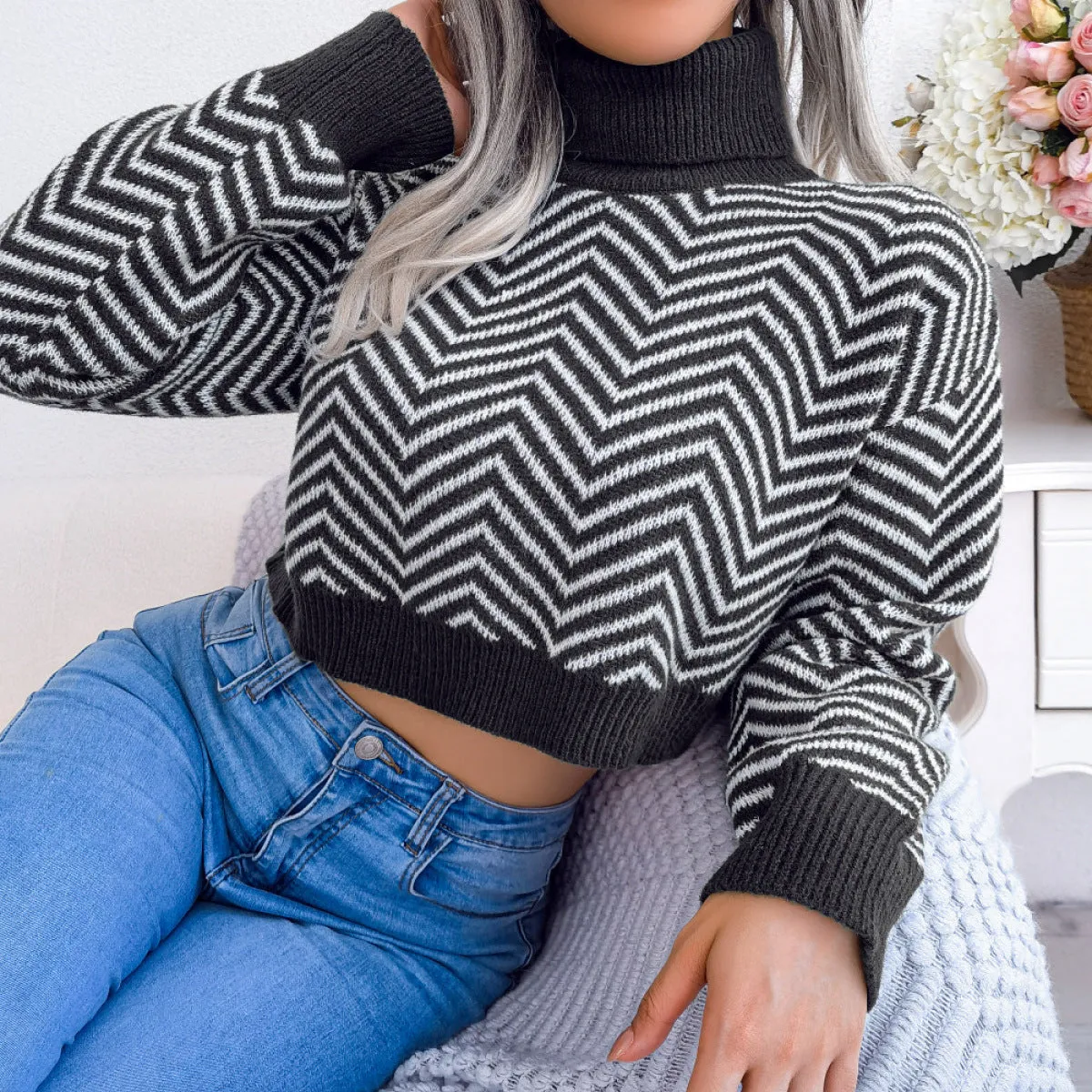 Turtleneck Long Sleeve Chevron Cropped Sweater