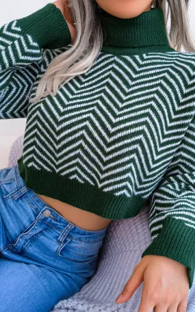 Turtleneck Long Sleeve Chevron Cropped Sweater