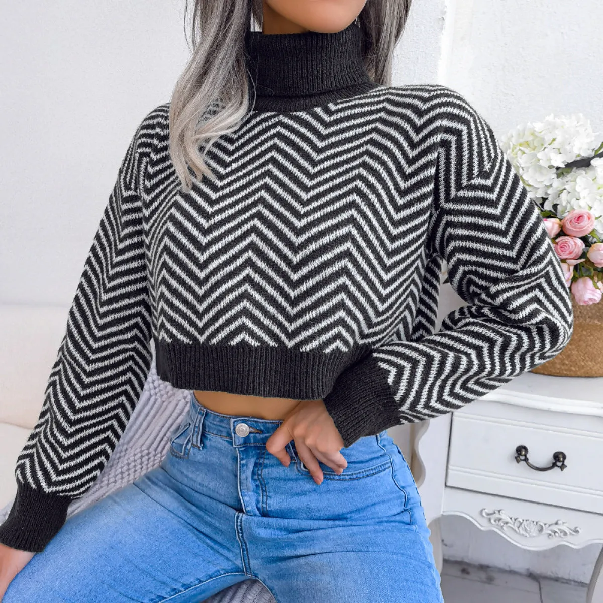 Turtleneck Long Sleeve Chevron Cropped Sweater