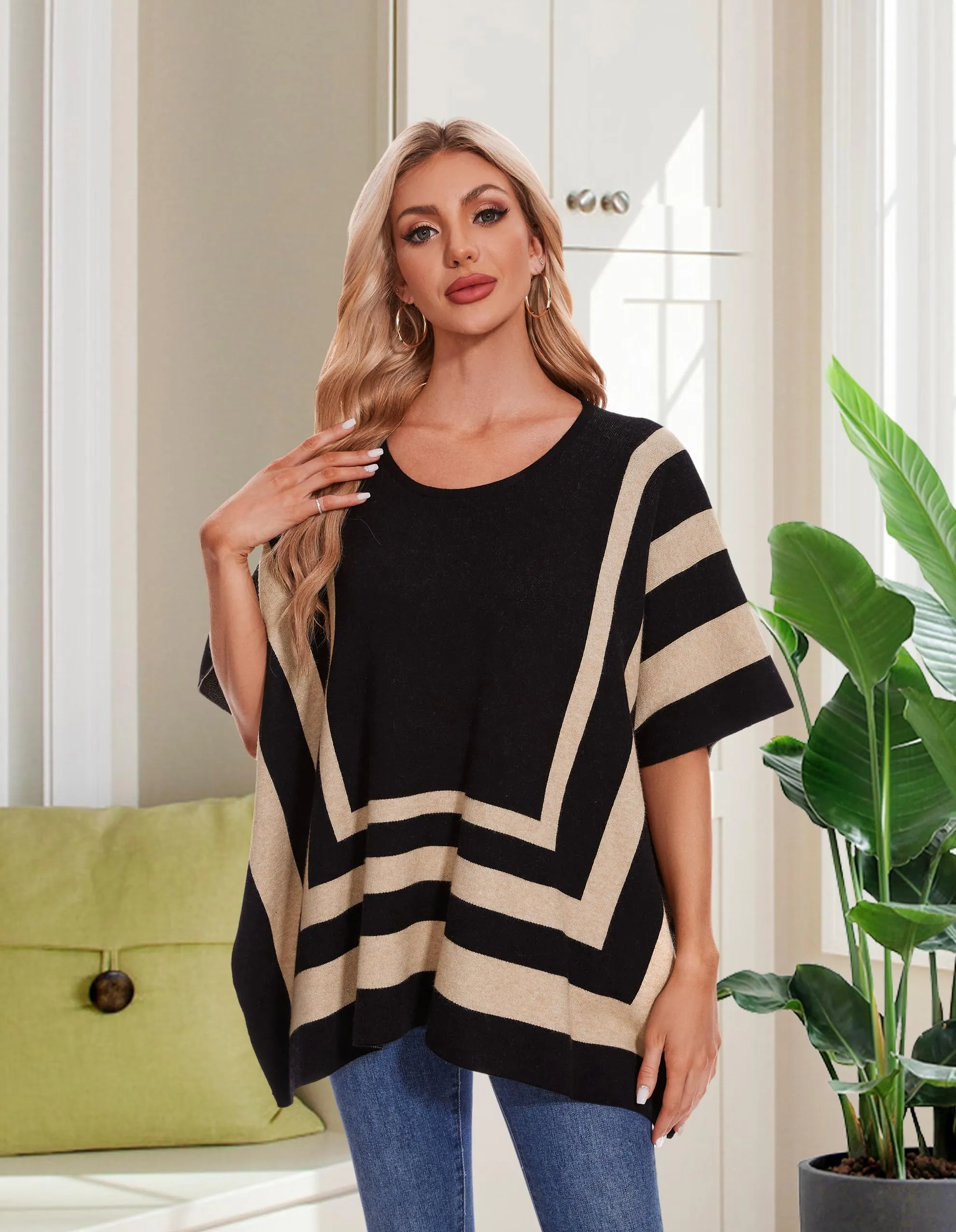 Womens Jacquard Pullover Ponchos Sweater Elegant Shawl Wraps Warm Travel Sweaters for Fall Winter