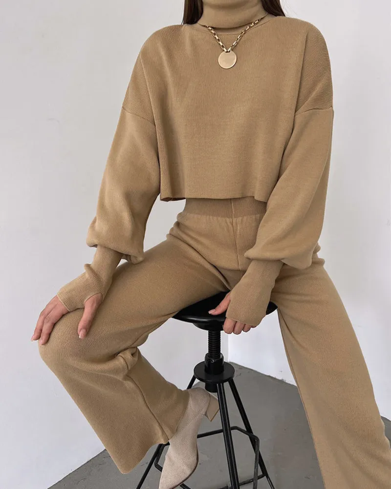 Women's Knitted Two Pieces Sets Turtleneck Cropped Sweater with High-waisted Flared Pants