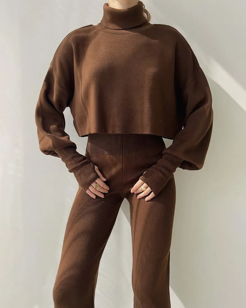 Women's Knitted Two Pieces Sets Turtleneck Cropped Sweater with High-waisted Flared Pants
