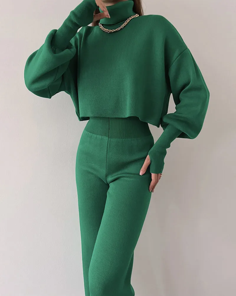 Women's Knitted Two Pieces Sets Turtleneck Cropped Sweater with High-waisted Flared Pants