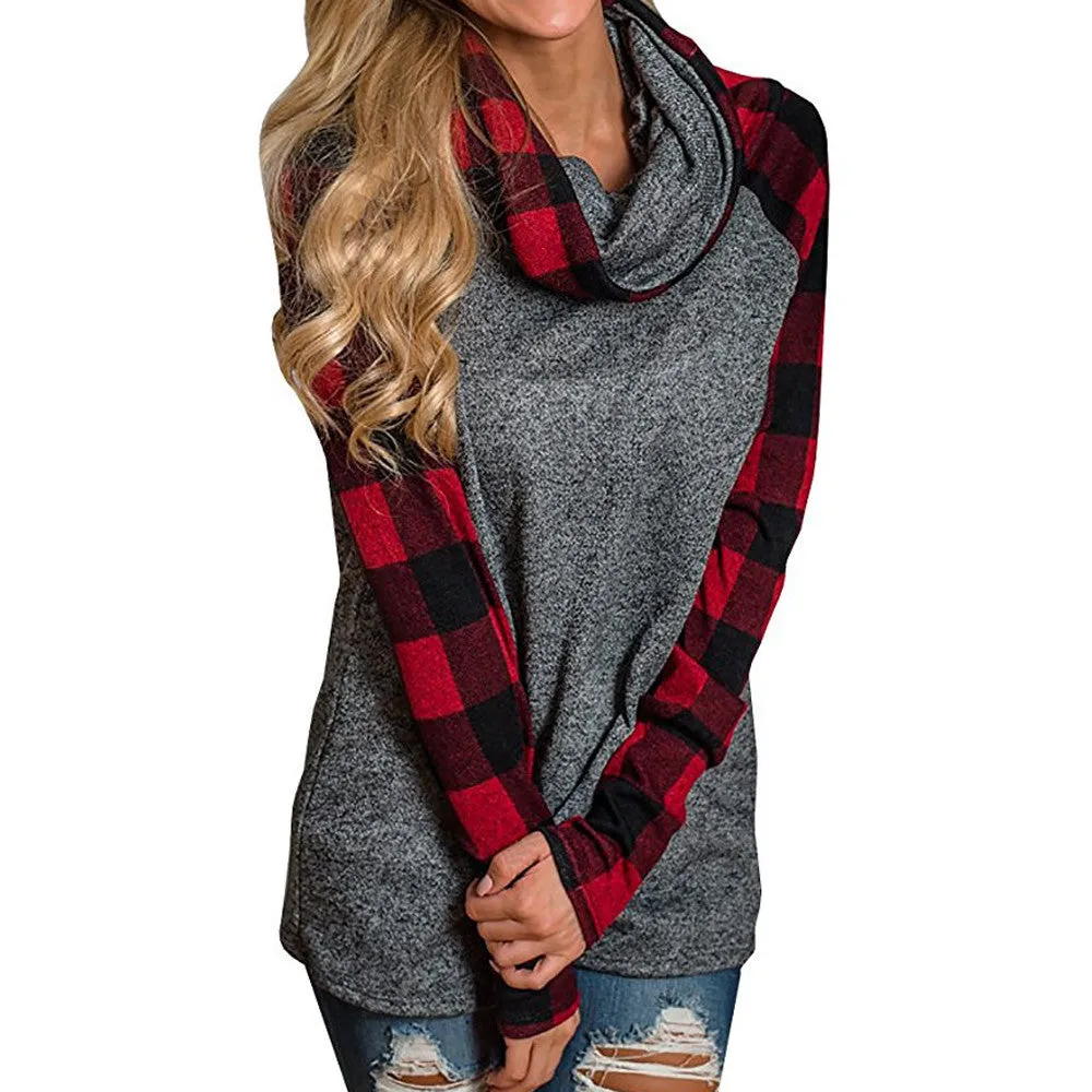 Women's Turtleneck Plaid Tunic Long Sleeve Pullover Sweatshirt