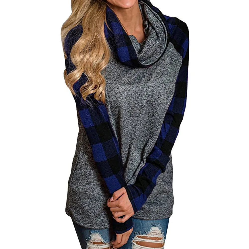 Women's Turtleneck Plaid Tunic Long Sleeve Pullover Sweatshirt