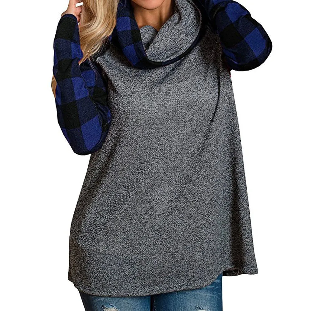 Women's Turtleneck Plaid Tunic Long Sleeve Pullover Sweatshirt