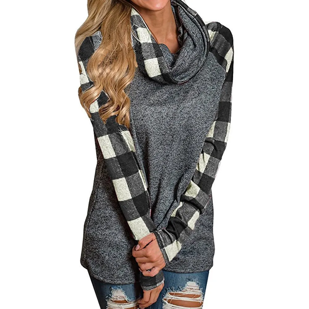 Women's Turtleneck Plaid Tunic Long Sleeve Pullover Sweatshirt