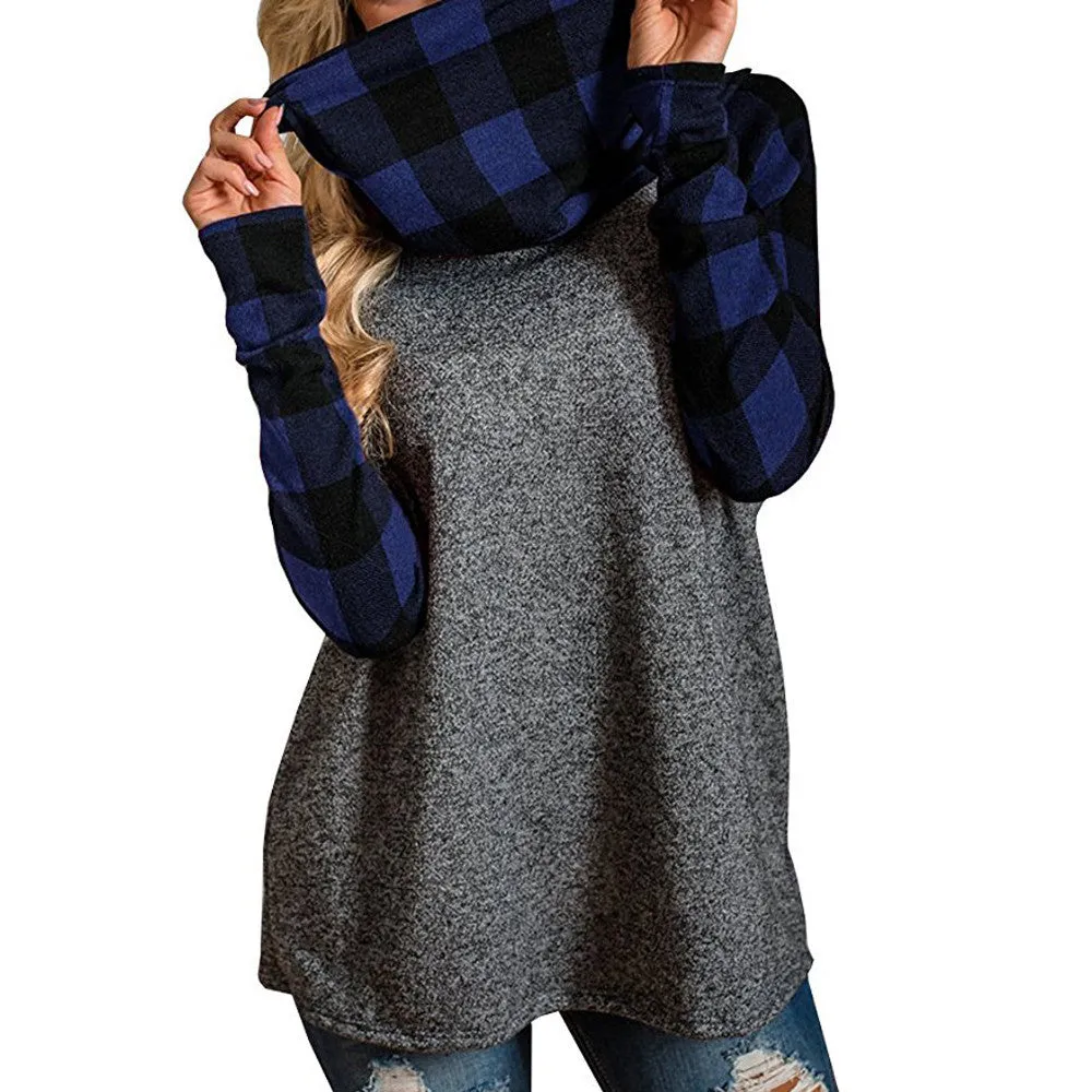 Women's Turtleneck Plaid Tunic Long Sleeve Pullover Sweatshirt